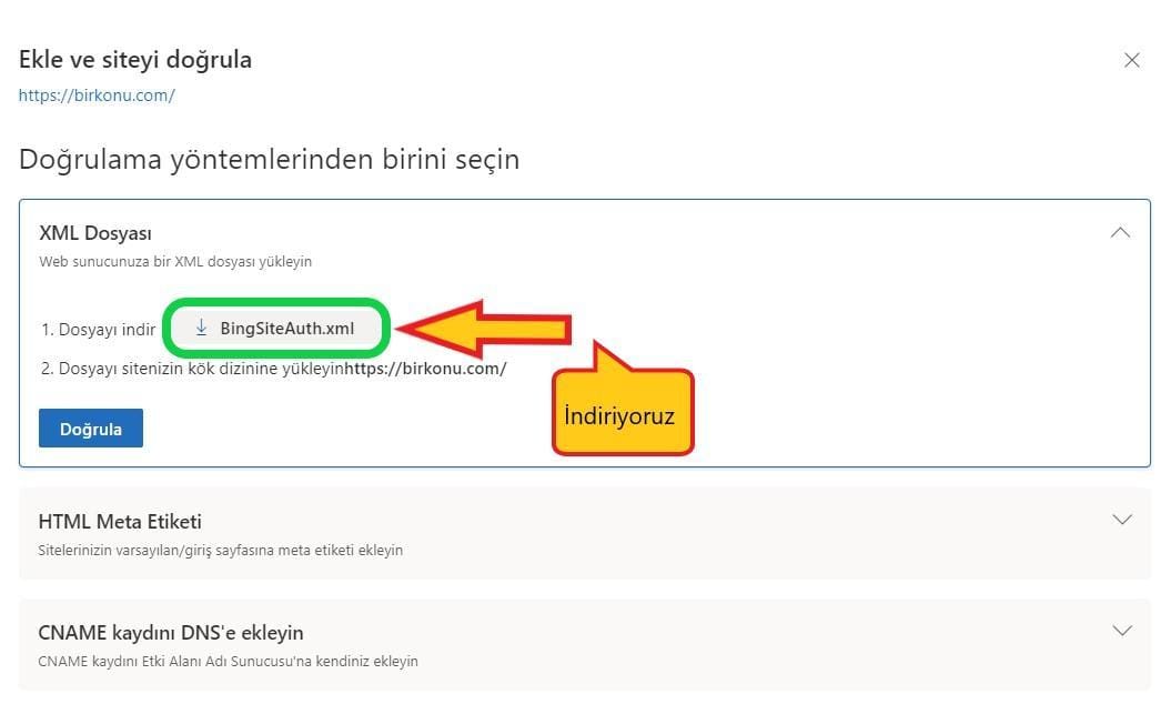 Bing webmaster toolsa site eklerken .xml doğrulama