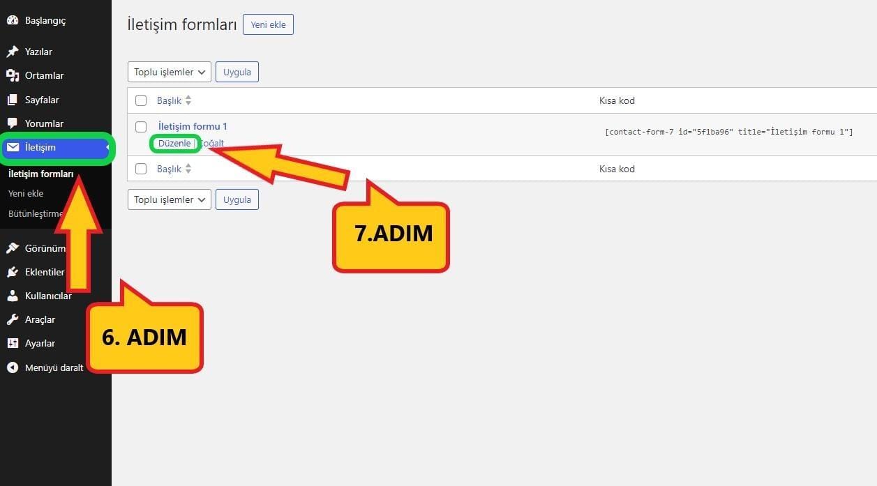 Contact form 7 iletişim sayfası ayarları