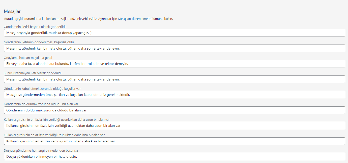 Contact form 7 mesajlar alanı