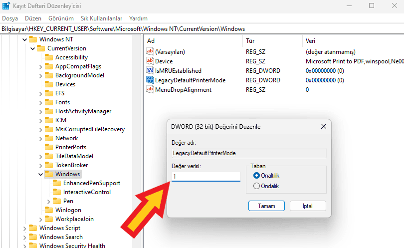 0x00000709 Hatası (Çözüldü) 3 LegacyDefaultPrinterMode değer 1
