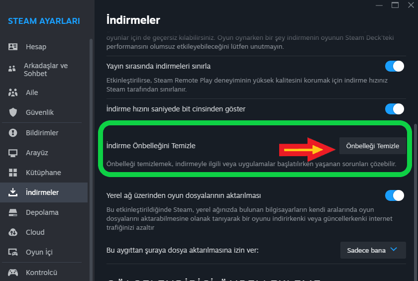 Steam indirme önbelleğini temizleme