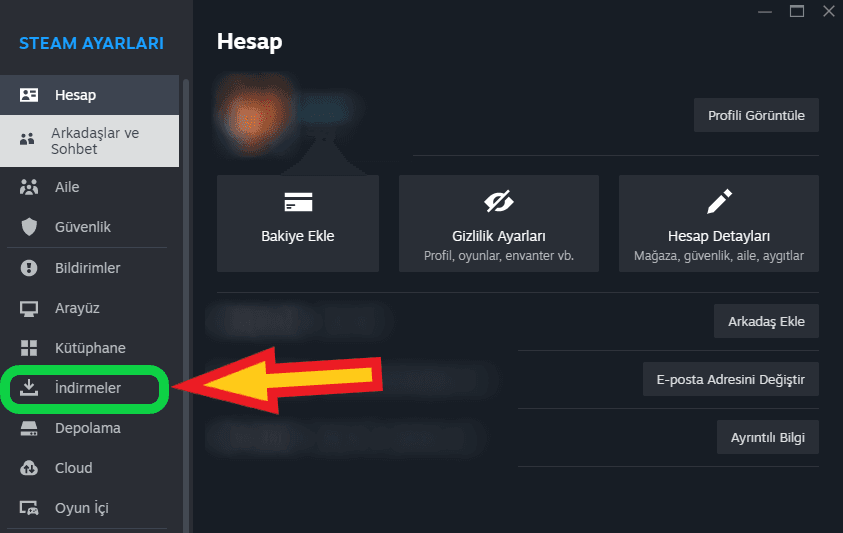 Steam indirmeler ekranına giriş