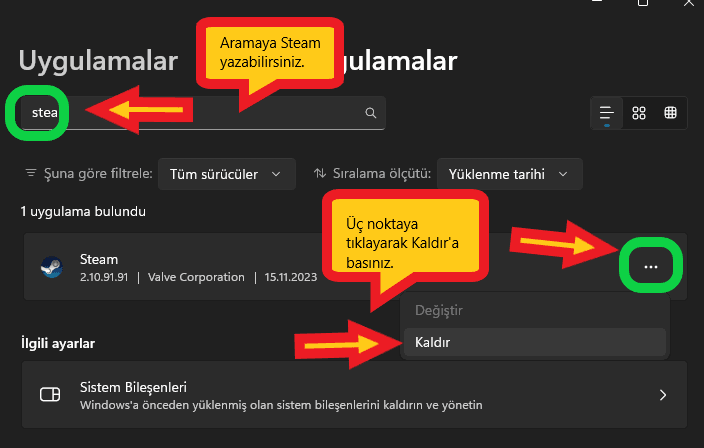 Steam uygulamasını kaldırma