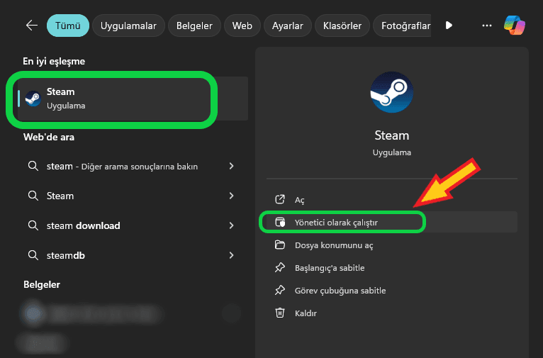 Steam yönetici olarak çalıştırma