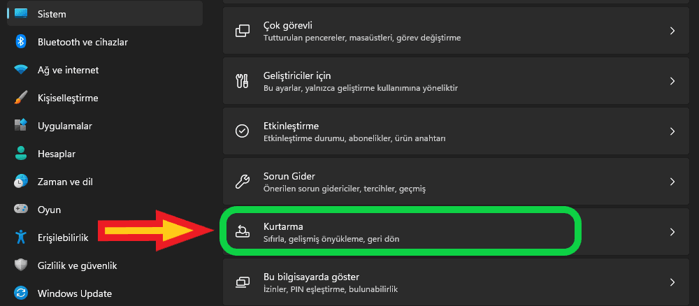 Windows 11 kurtarma ile sıfırlama