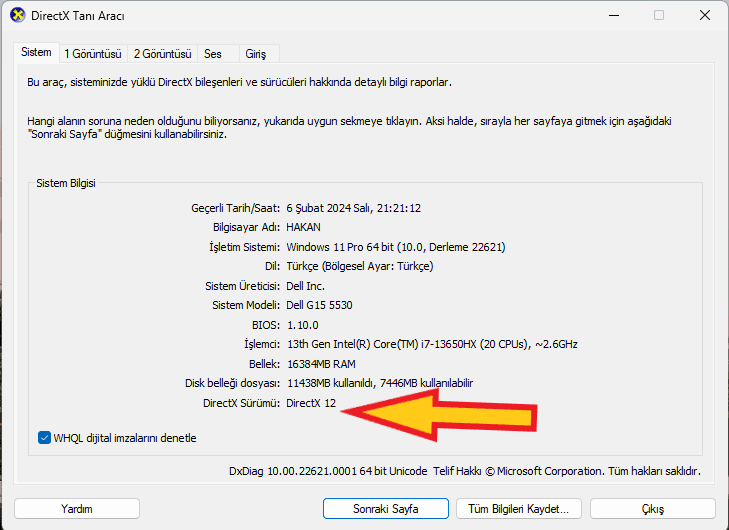 directX sürüm bakma