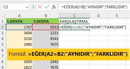 Excel Aynı satırları karşılaştırma formülü