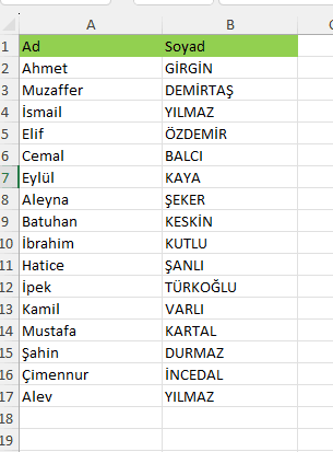 Excel ad soyad ayırma işlemi