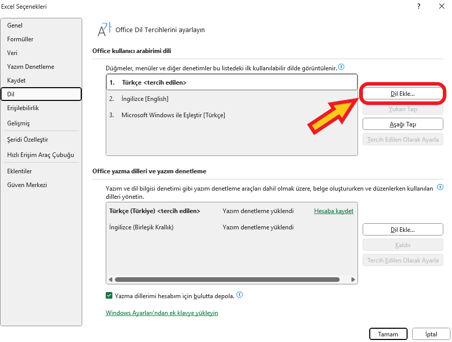 Excel dil ayarları