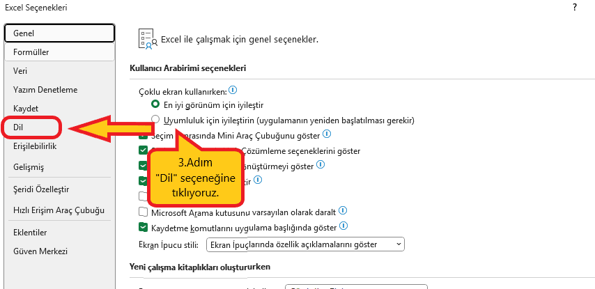 Excel dil sekmesi