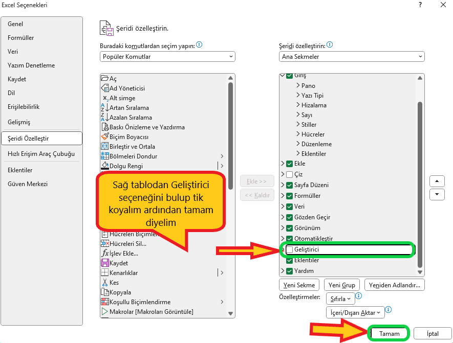 Excel geliştirici ayarlarını açma