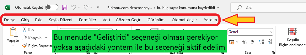 Excel geliştirici seçeneğini açma