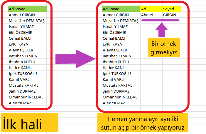 Excel hızlı doldurma ile ay soyad ayırma