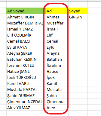 Excel hızlı doldurma yöntemi