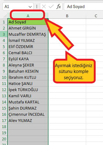 Excel isim soyisim ayırma