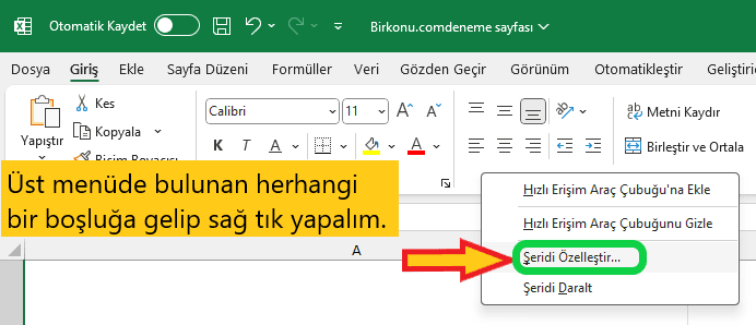 Excel menüye seçenek ekleme