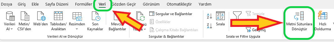 Excel metni sütunlara dönüştür ile ad soyad ayırma