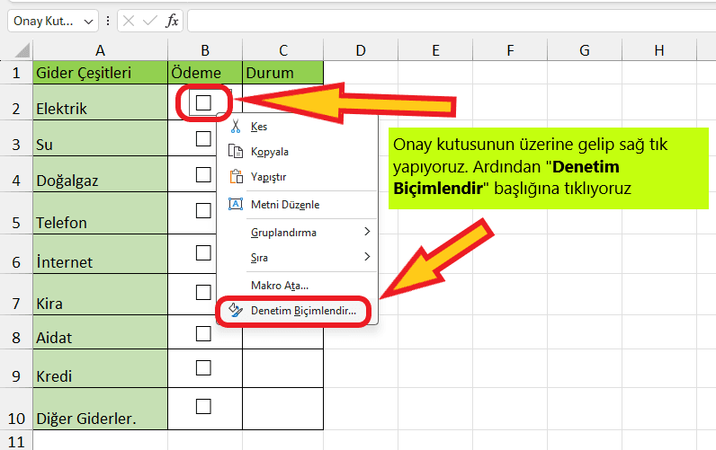 Excel onay kutusu ekleme (tik ekleme)