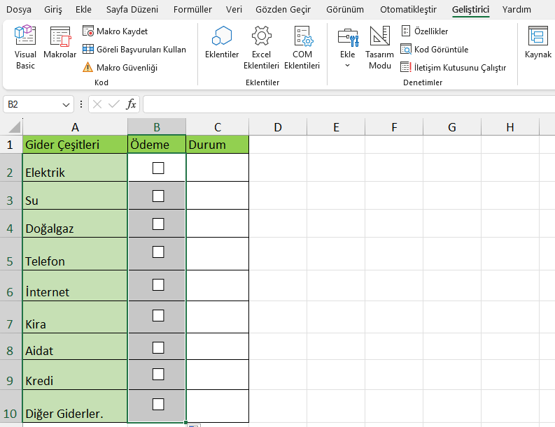 Excel onay kutusu oluşturma