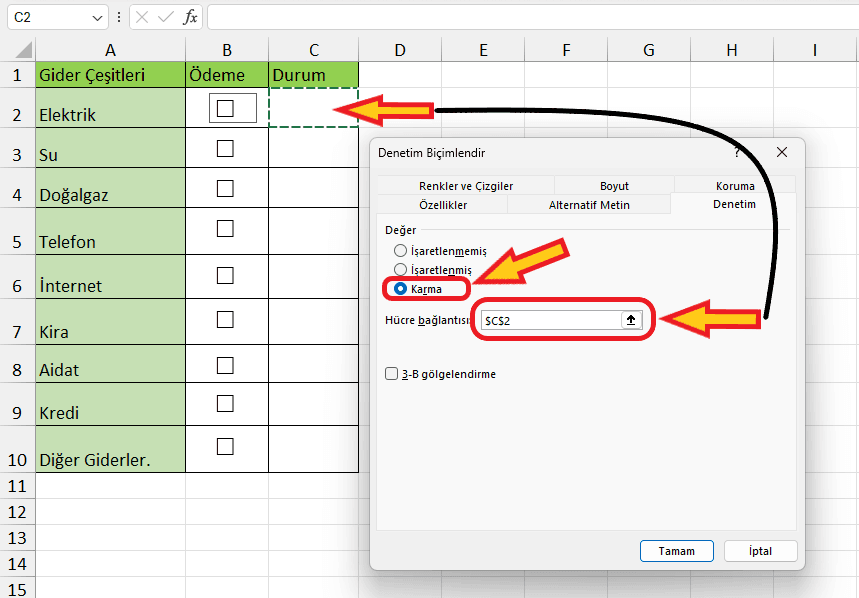 Excel onay kutusuna formül ekleme