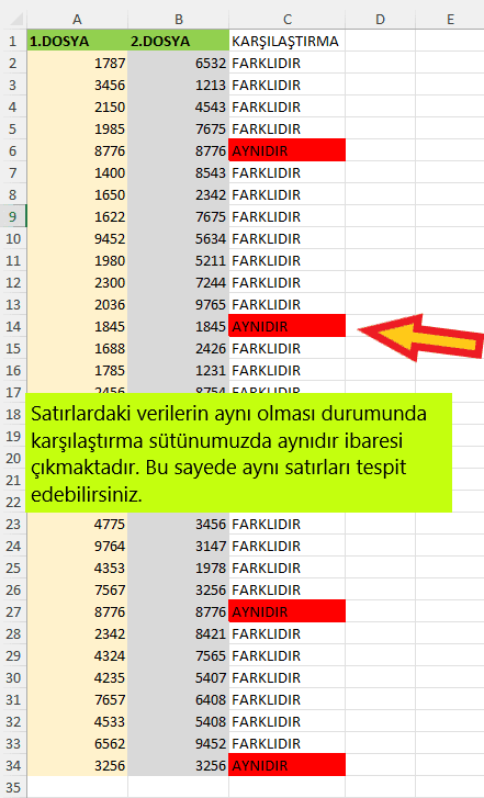 Excel sütunları karşılaştırma formülü