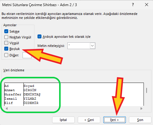 Excelde isim soyisim ayırma