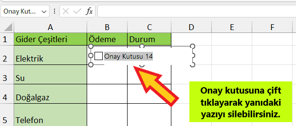 Excelde onay kutusu ekleme işlemi