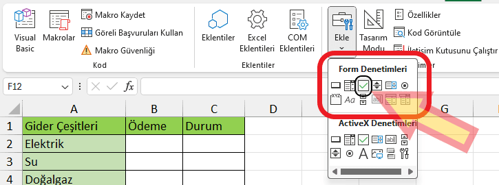 Excelde onay kutusu nasıl eklenir