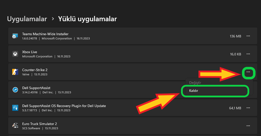 Program kaldırarak tekrar kurmak