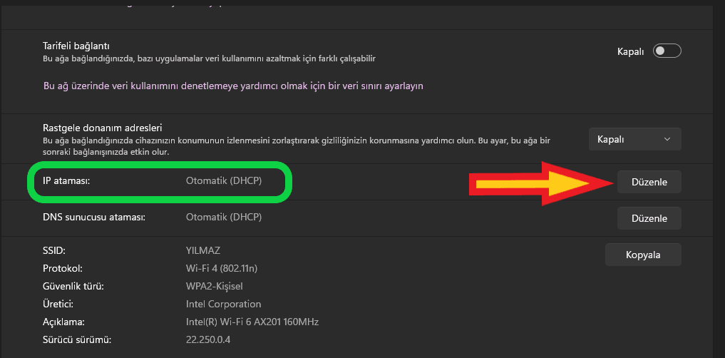 Windows Ağ Ayarları IP Atama