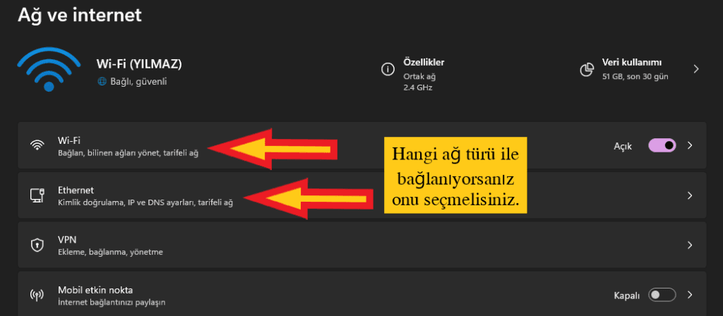 Windows wifi ayarları