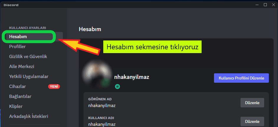 discord ayarlardan hesap silme