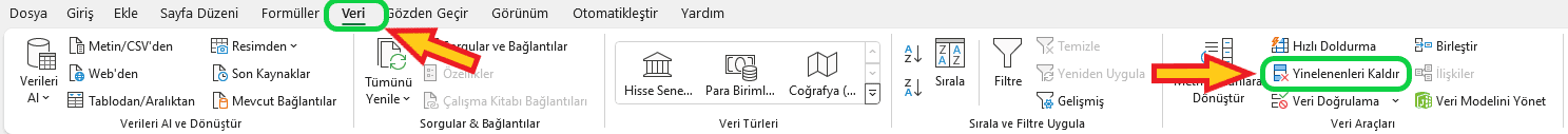 excel aynı isimleri silme