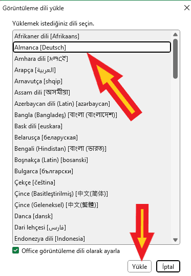 excel dil yükleme
