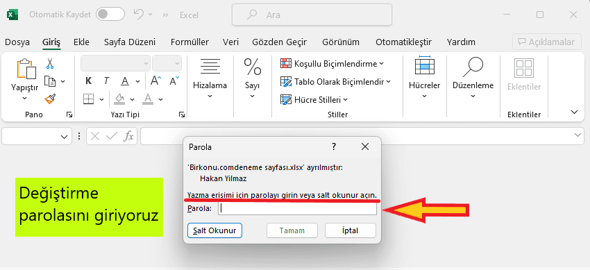 excel şifre nasıl konur