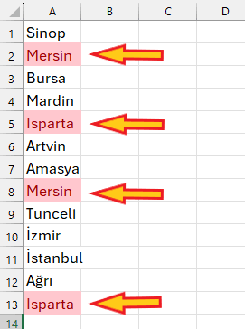 excel tekrar edilenleri bulma