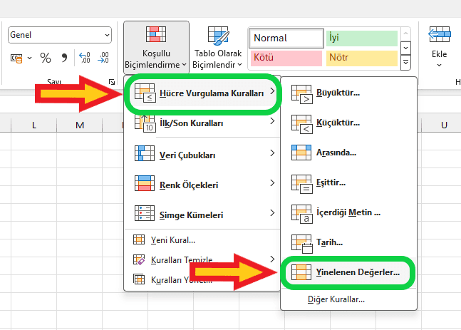 excel tekrarlayanları bulma