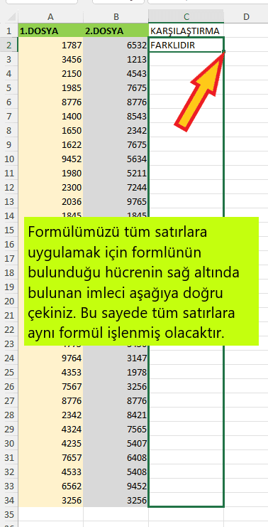 excel satırları karşılaştırma