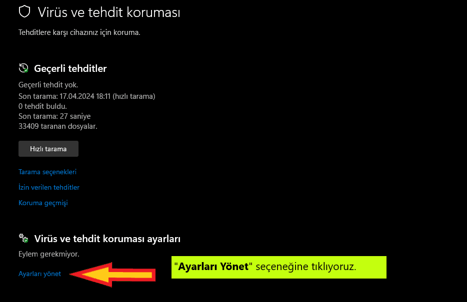 Defender Virüs ve Tehdit koruması ayarları açma