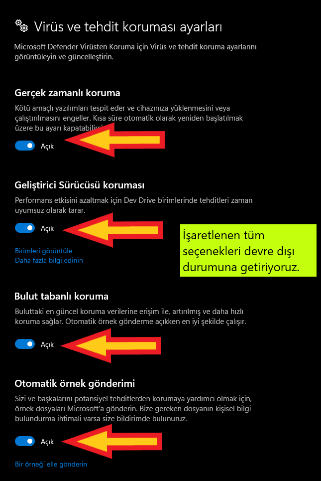 Windows Defender Virüs ve Tehdit koruması kapatma