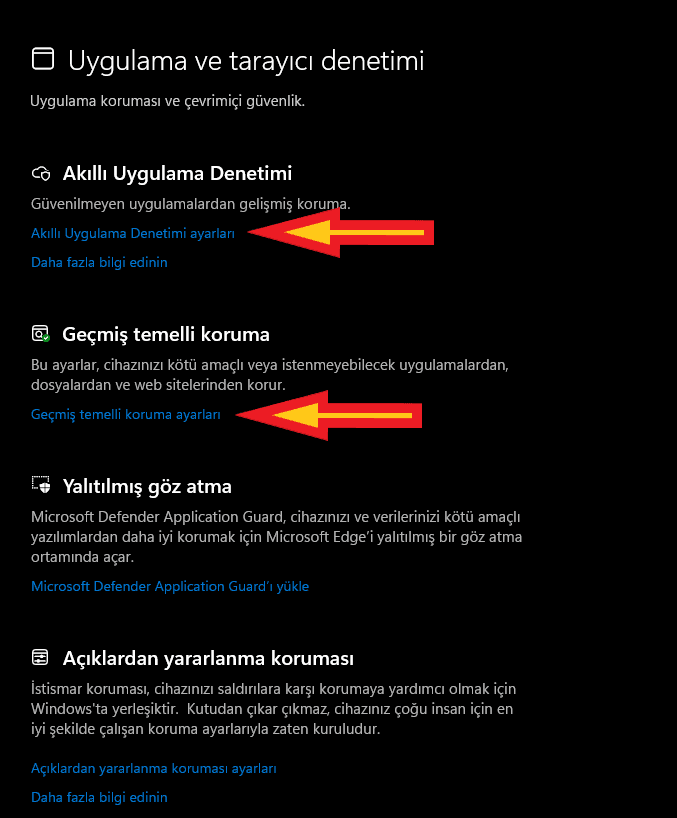 defender uygulama ve tarayıcı denetimi koruması kapatma