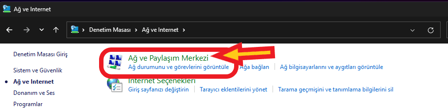 Ağ ve paylaşım merkezi denetim masası