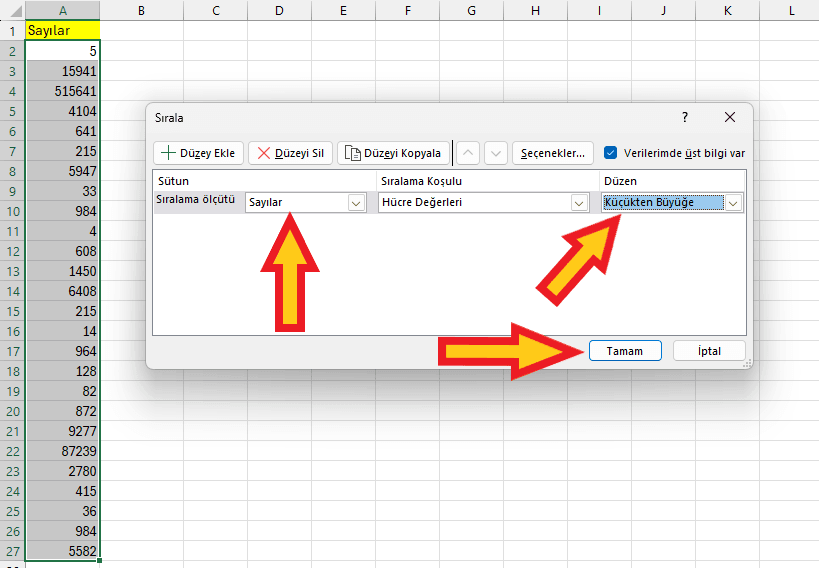 Excel küçükten büyüğe sıralama komutu