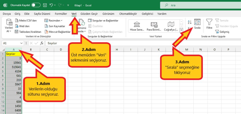 Excel sırala komutu