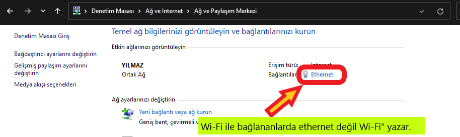 ethernet denetim masası