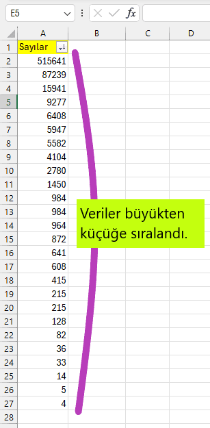 excel de büyükten küçüğe sıralama formülü