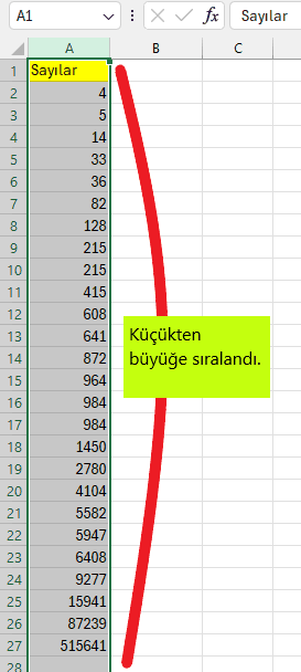 excel de küçükten büyüğe sıralama formülü