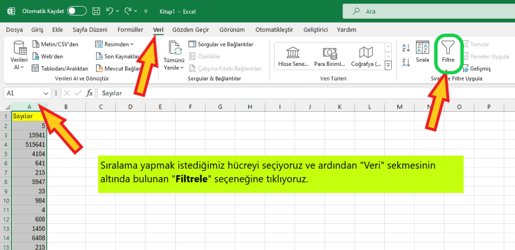 excel filtrele yöntemi ile sıralama