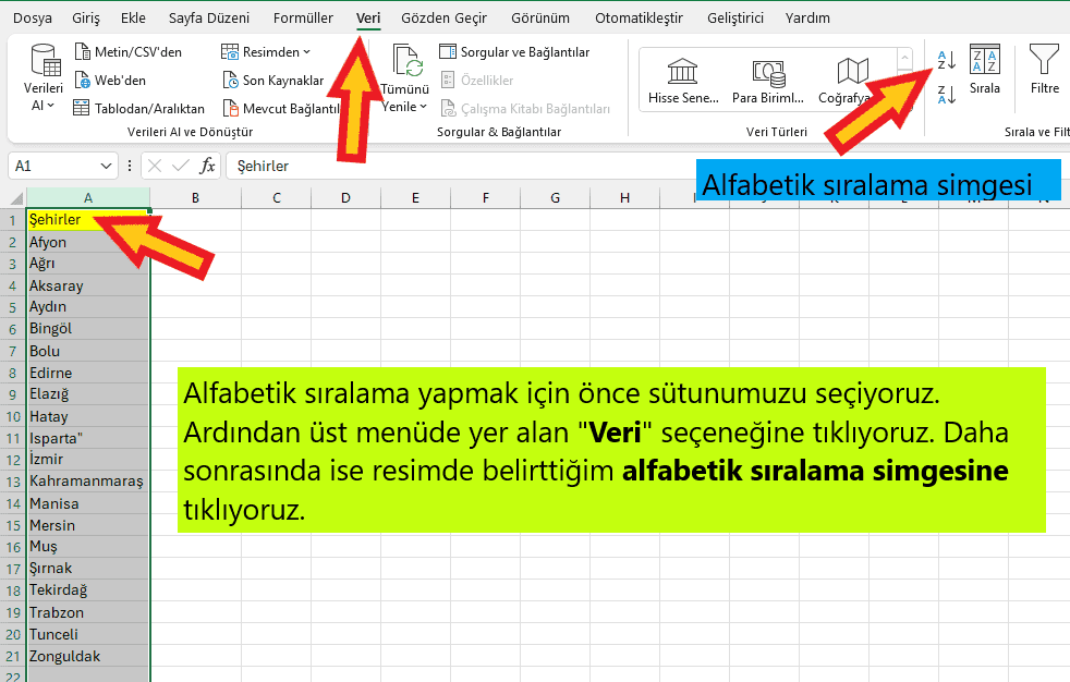 excel harf sırası yapma