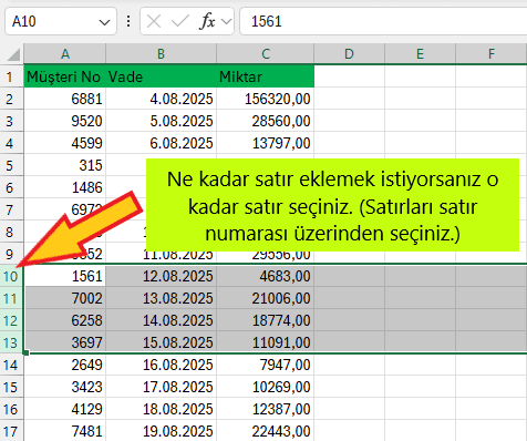 excel birden fazla satır ekleme